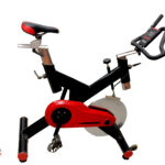 Commercial spinning bike with heavy-duty steel frame, adjustable resistance, LCD monitor, and ergonomic design for gym and home indoor cycling workouts.