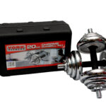 Adjustable dumbbell pair 20–7.5kg with cast iron plates and chrome handles for home and gym strength training.