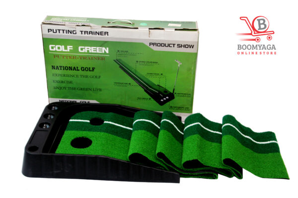 Golf training mat with realistic turf, non-slip base, and alignment guides for indoor and outdoor swing and putting practice”