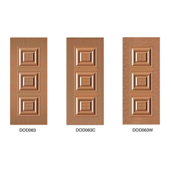 Modern Frameless Steel Door DOD063 with Embossed Triple Panel Design “Frameless steel door DOD063 with embossed triple-panel design, modern and durable.