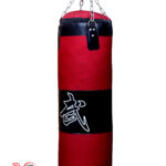Luxury red and black boxing bag with hanging chains for boxing, MMA, and fitness training.